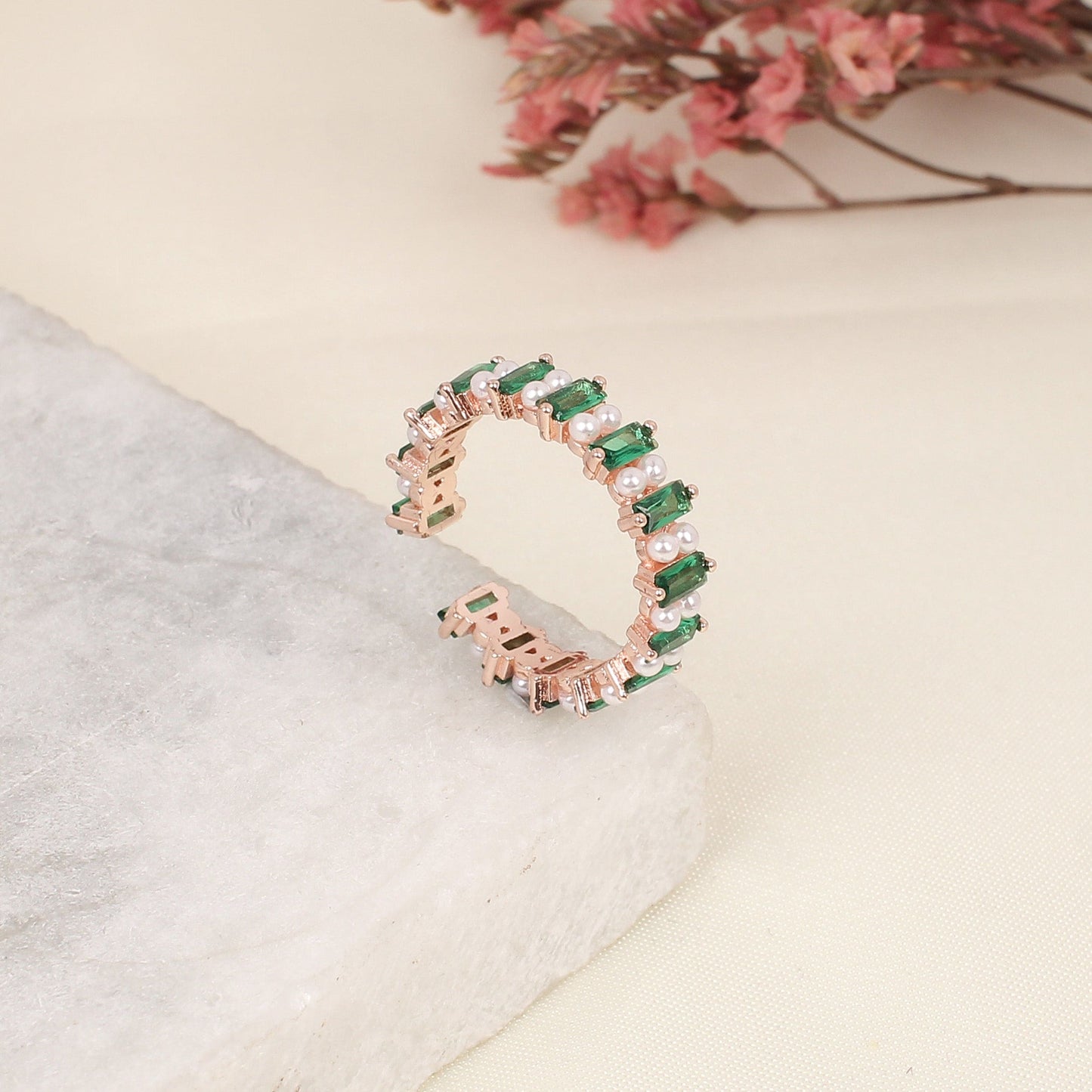 CKLAKART's Green stone White Beads Band Ring