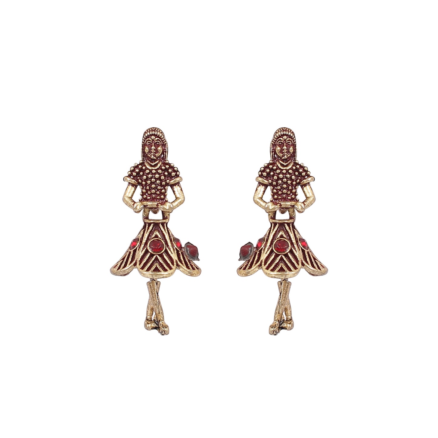 CKLAKART's Antique Gold toned Earrings with Ruby-Studded Dancing Figures