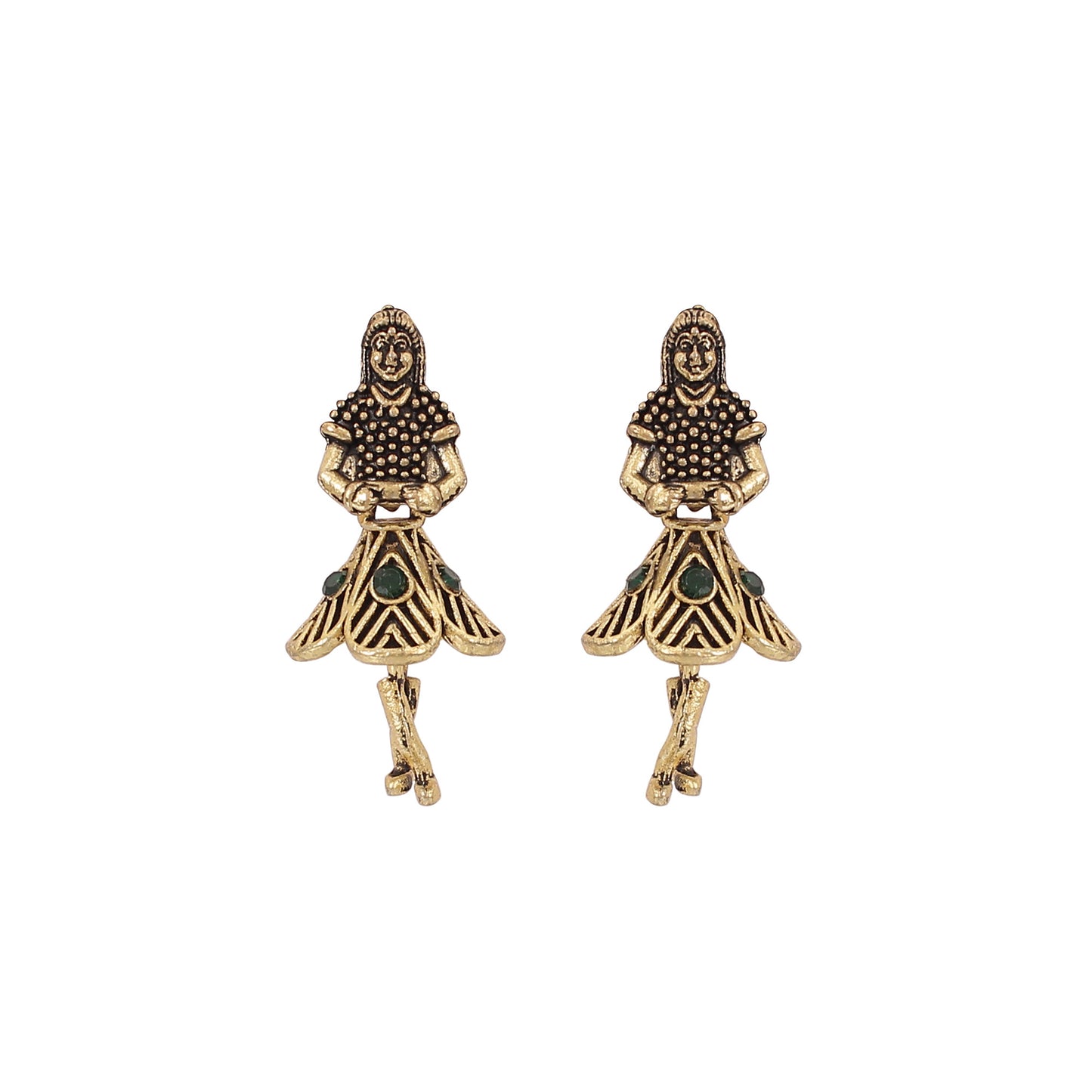 CKLAKART's Antique Gold Toned Earrings with Emerald Green-Studded Dancing Figures