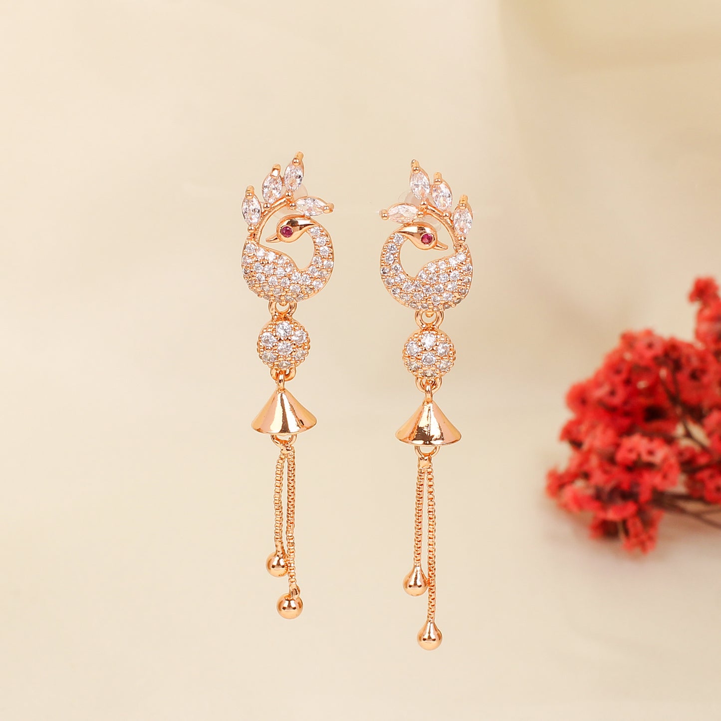 CKLAKART's Peacock Song Rose Gold Drop Earrings with American Diamond accent