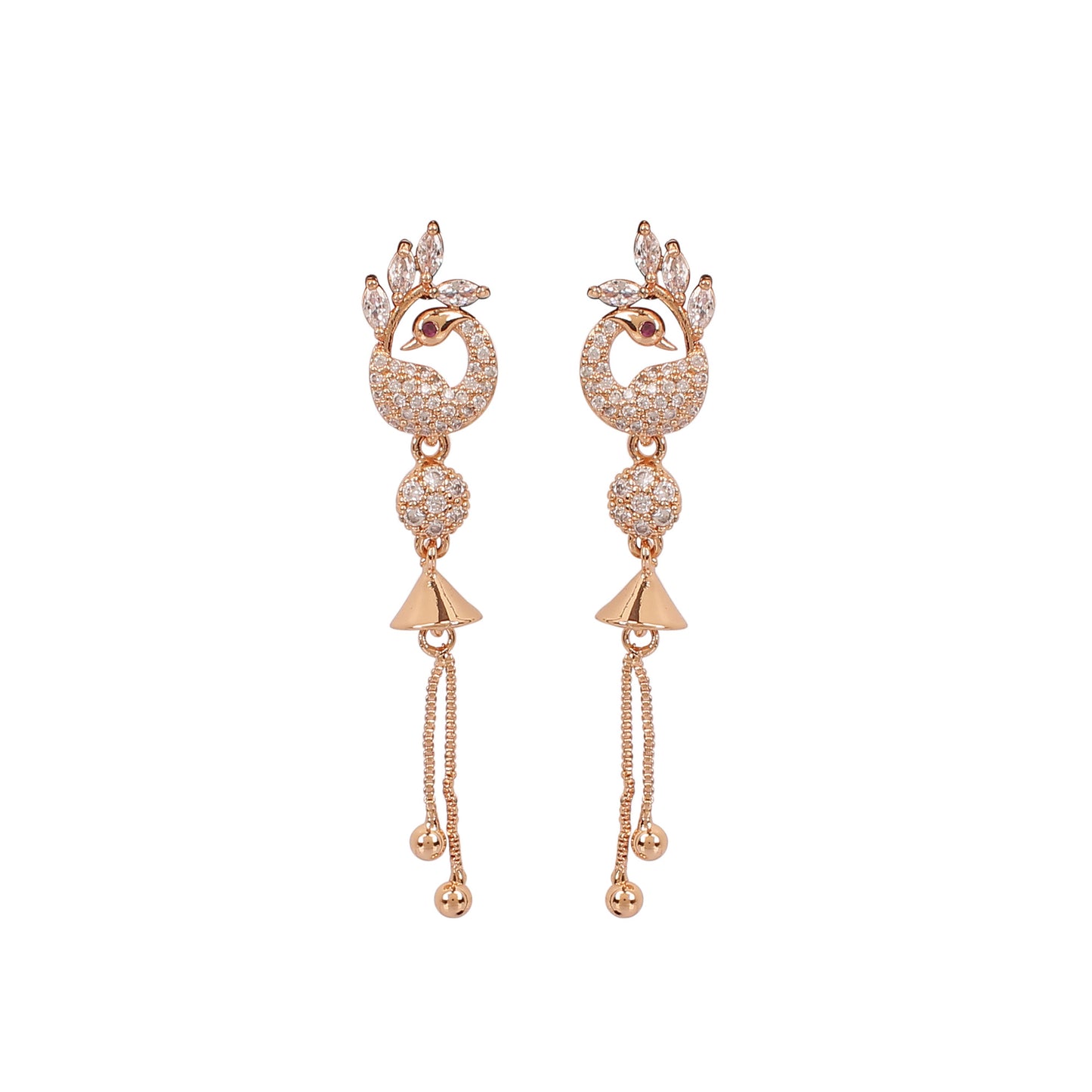 CKLAKART's Peacock Song Rose Gold Drop Earrings with American Diamond accent