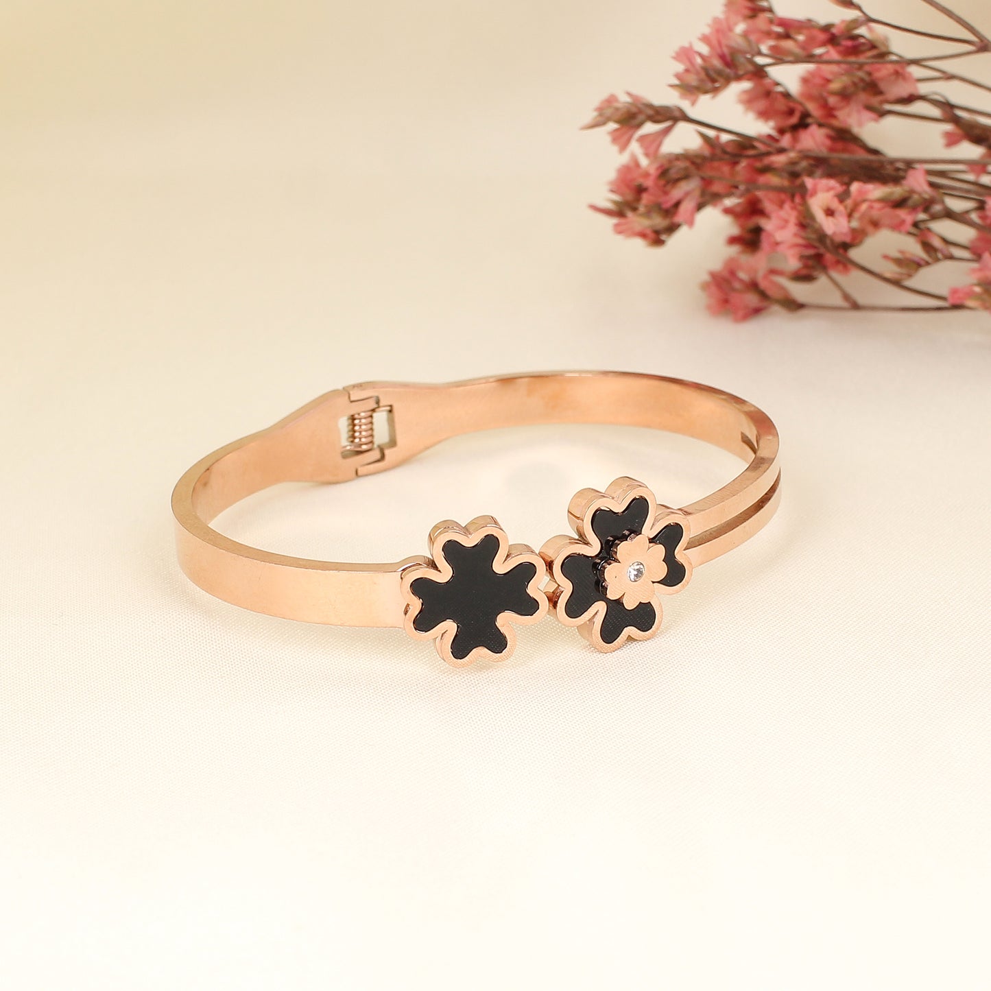CKLAKART's Rose Gold Flower Bracelet with Single Stone and Black base