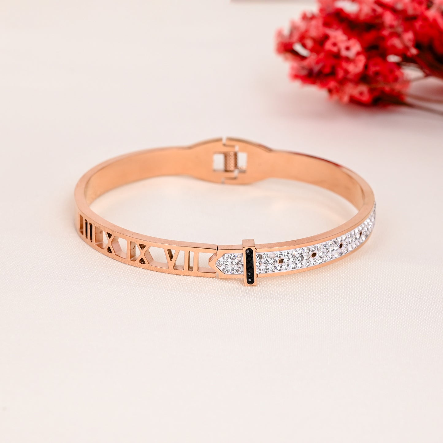CKLAKART's Geometric Rose Gold Bracelet with White Stone Accents