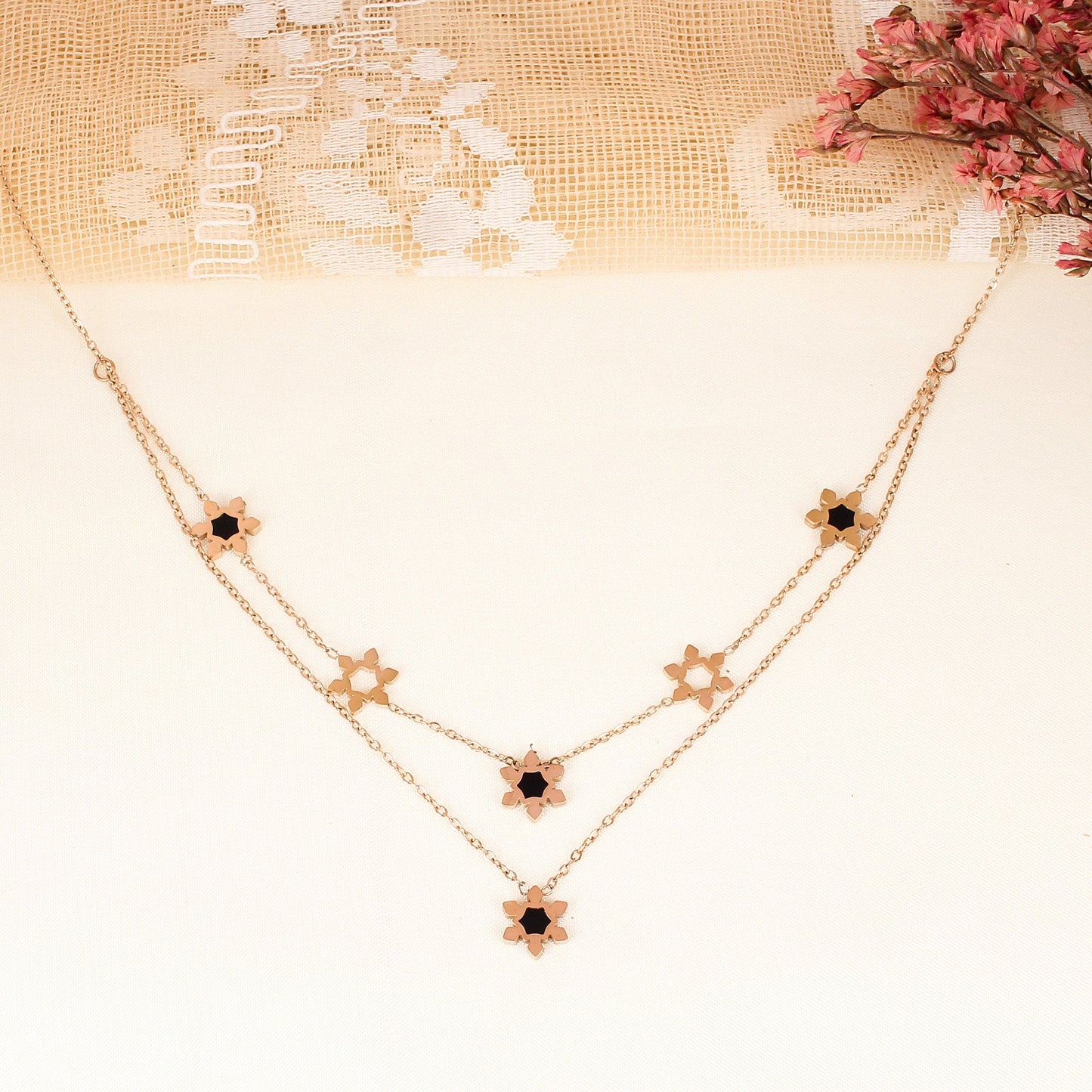 CKLAKART's Rose Gold Double Layered Neckpiece Adorned with Elegant Flowers