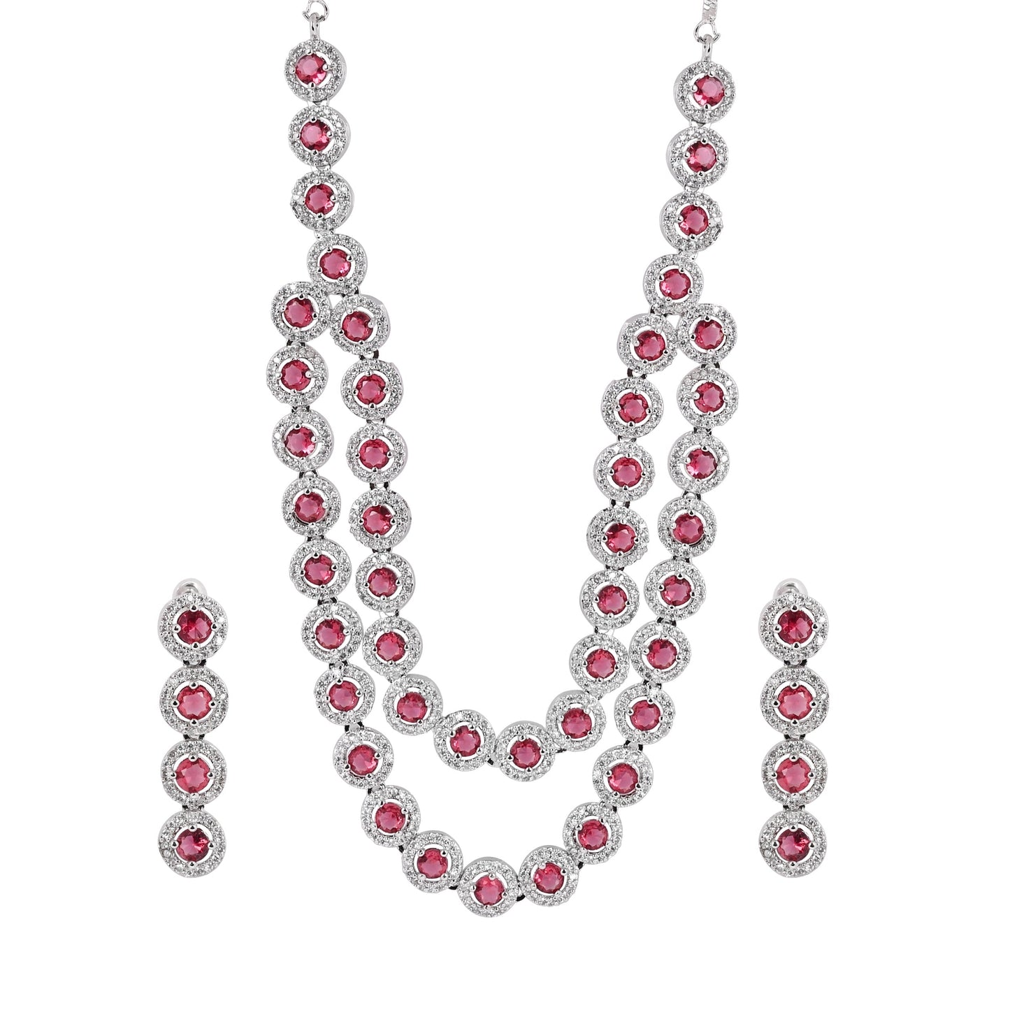 CKLAKART's NOOR American Diamond and Pink Stone Necklace Set with Drop Earrings