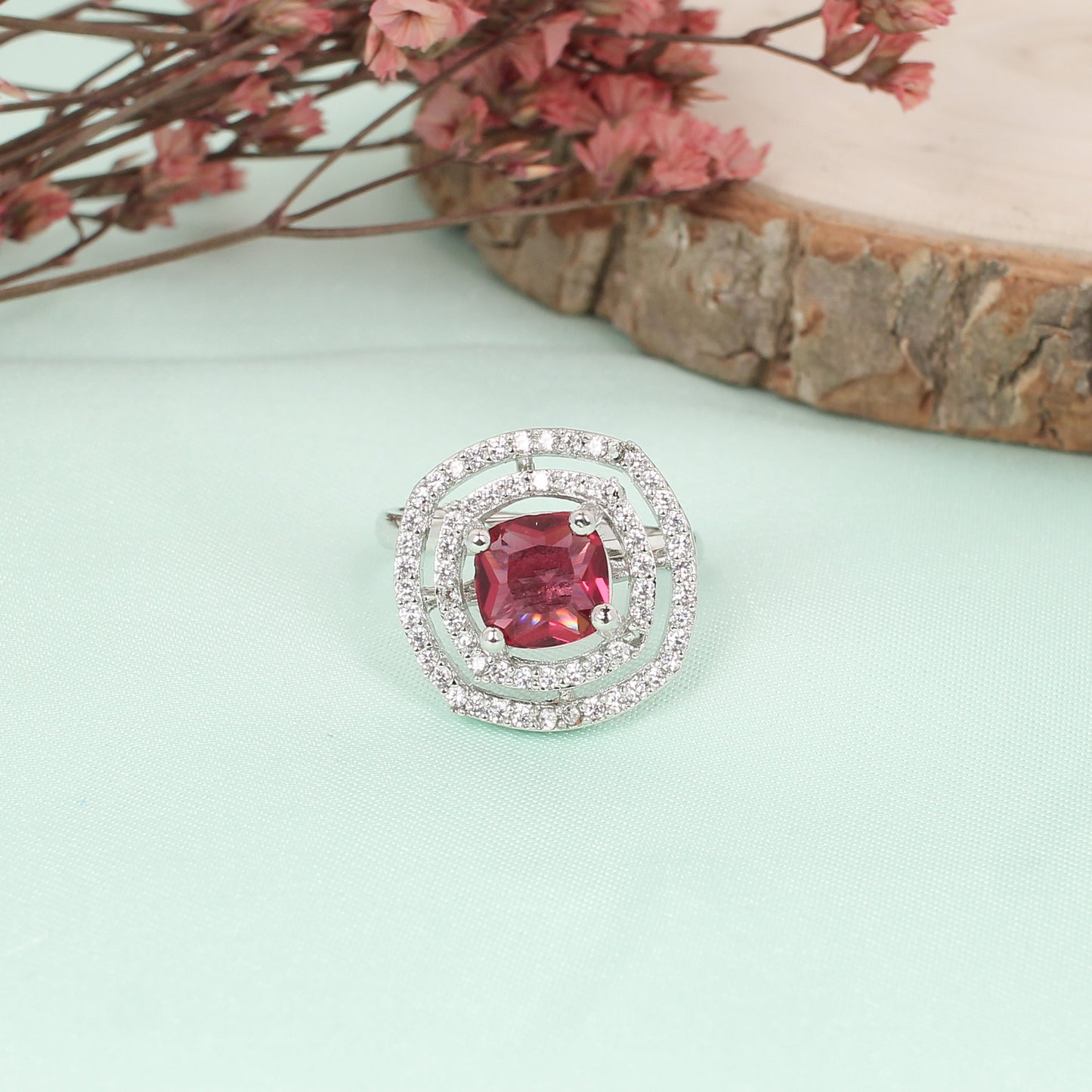 CKLAKART's Silver-Toned Ring adorned with American Diamond and Ruby
