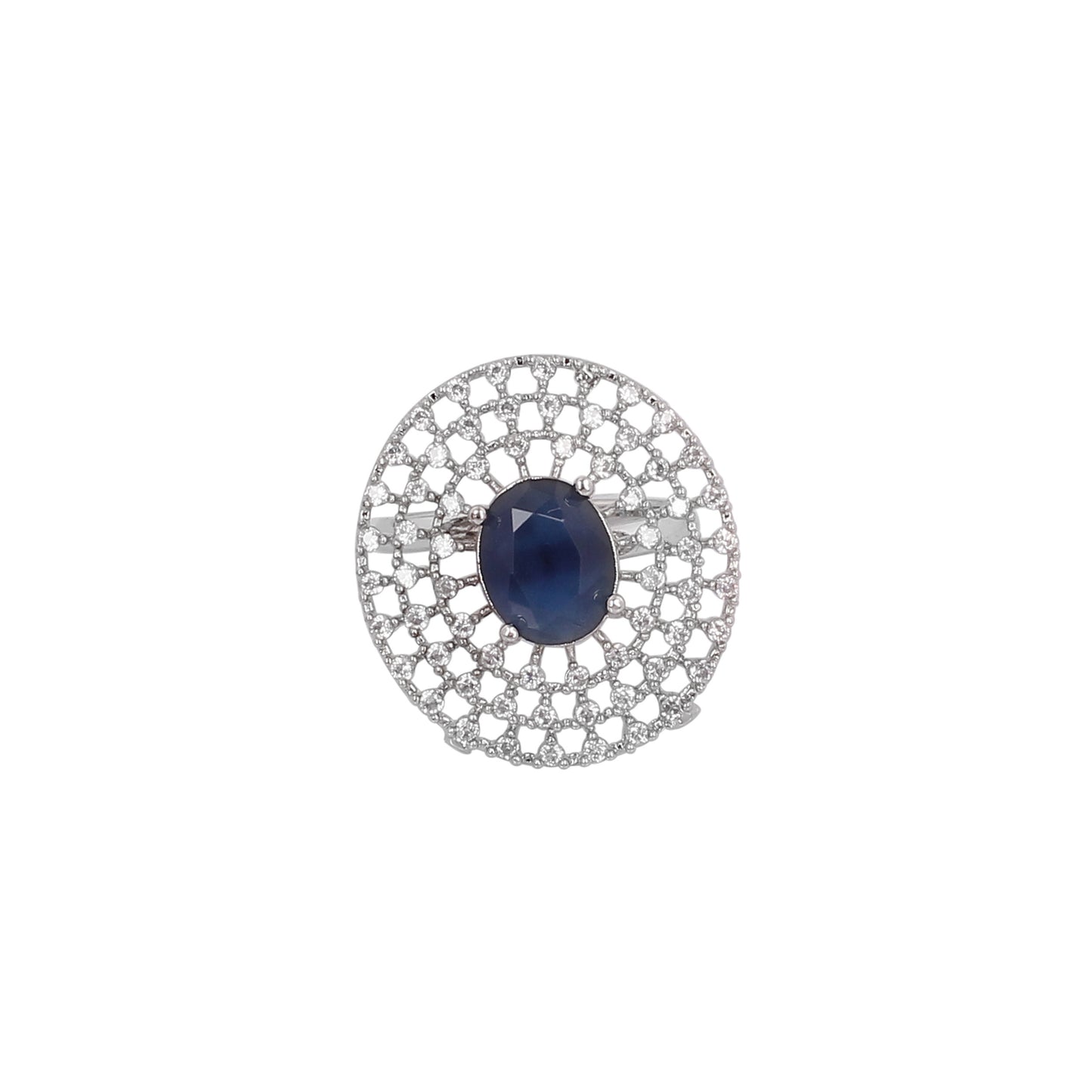 CKLAKART's Silver-Toned Oval Blue Sapphire Ring with Three Layers of White Stones