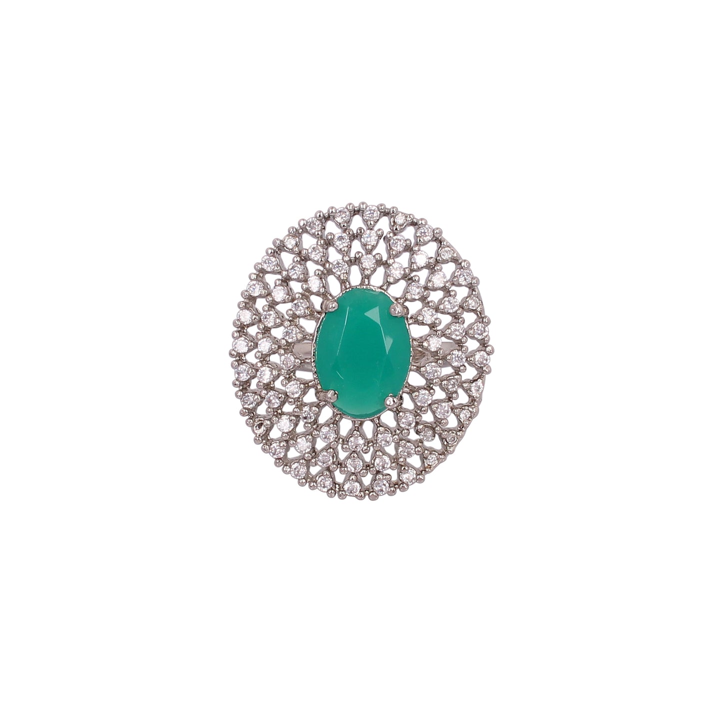 CKLAKART's Silver-Toned Statement Ring with Oval Emerald Green and Layers of White Stones