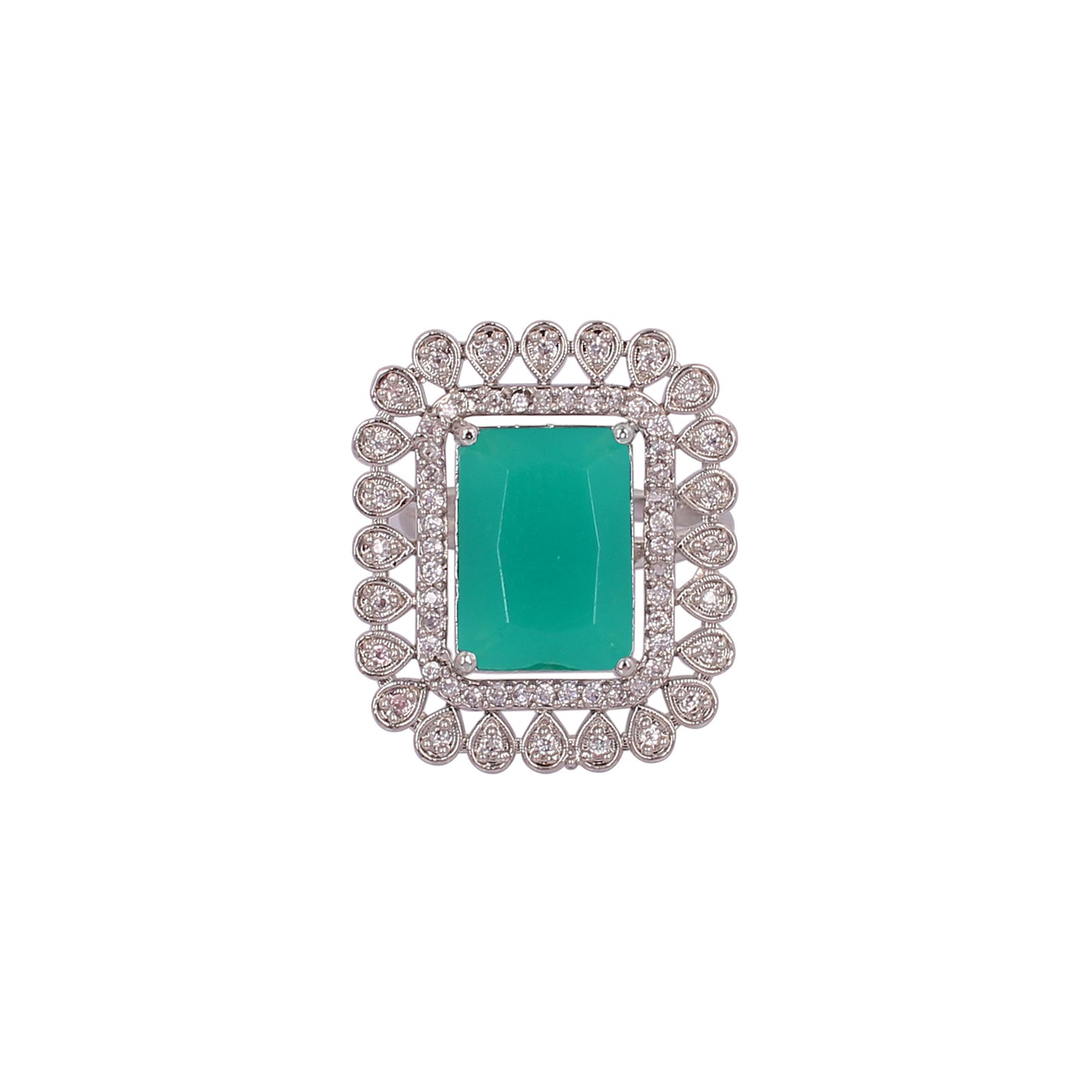 CKLAKART's Silver-Toned Statement Ring with Emerald Green Center and White Stone Embellishments