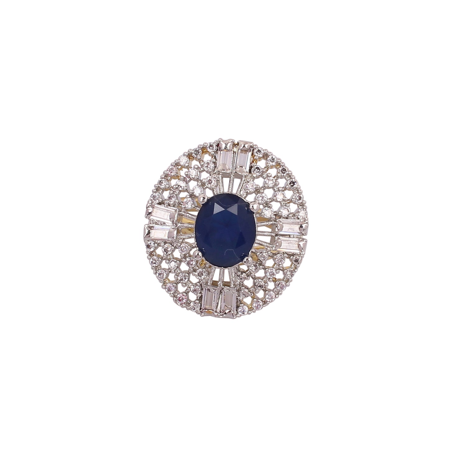 CKLAKART's Silver-Toned Big Ring with Oval Blue Sapphire and Surrounding White Stones