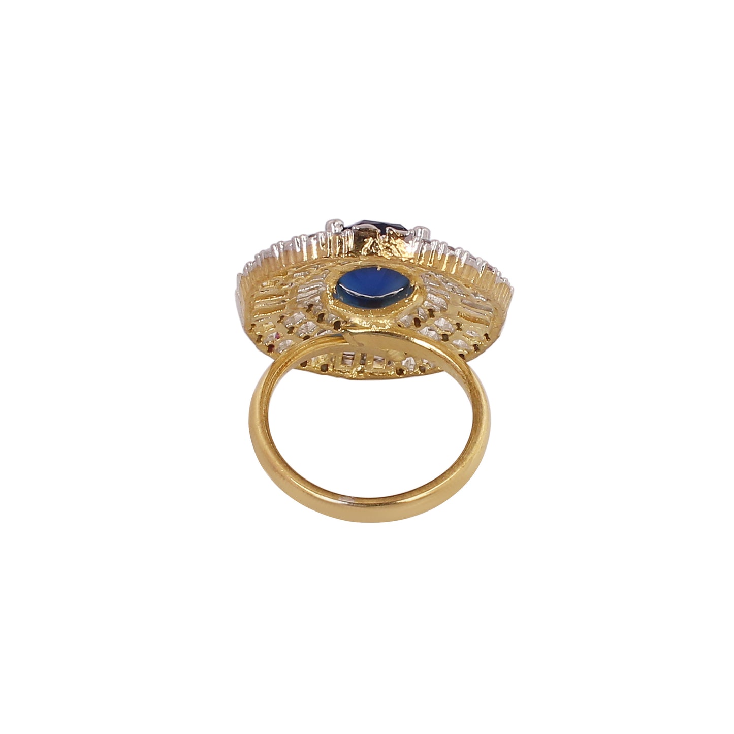 CKLAKART's Silver-Toned Big Ring with Oval Blue Sapphire and Surrounding White Stones