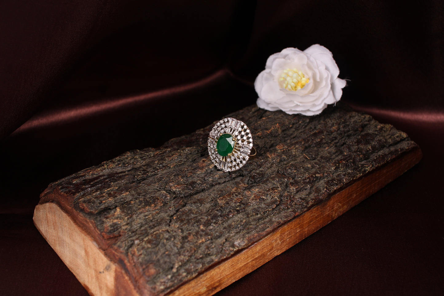 CKLAKART's Silver-Toned Big Ring with Oval Emerald Green and Surrounding White Stones