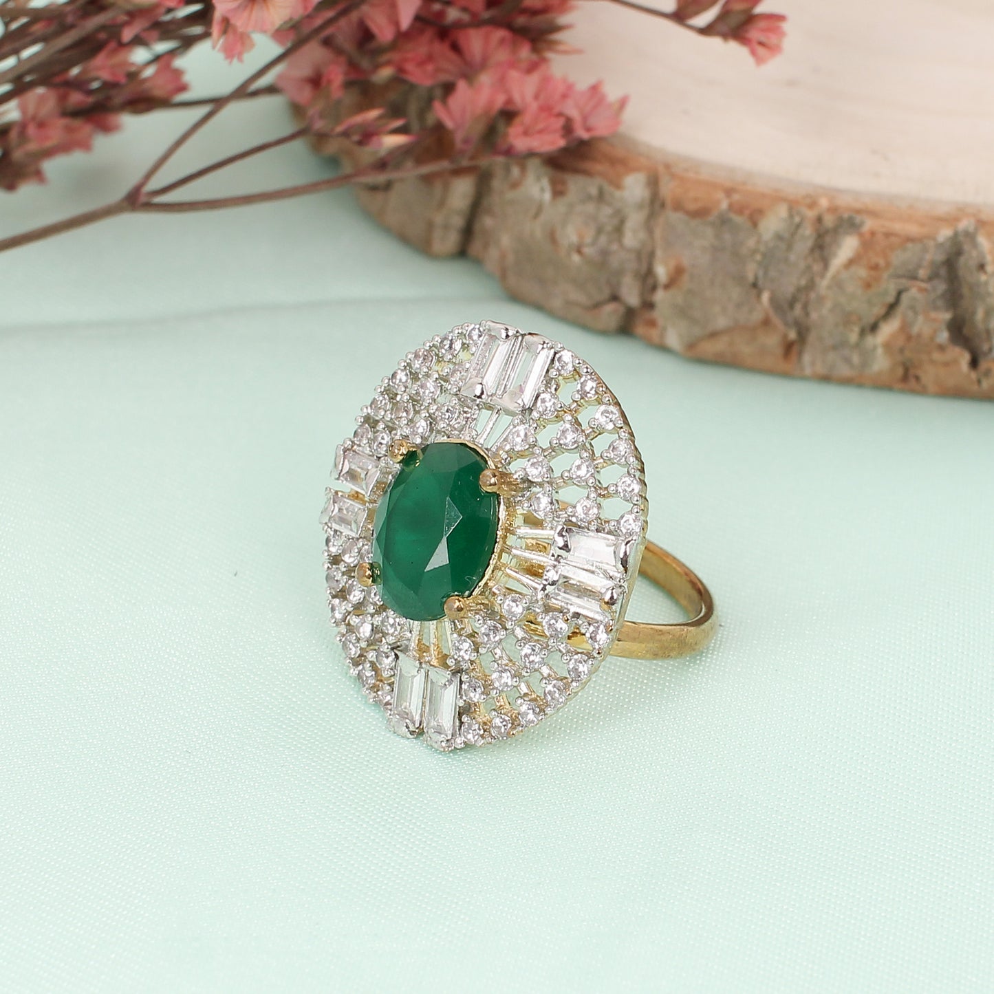 CKLAKART's Silver-Toned Big Ring with Oval Emerald Green and Surrounding White Stones