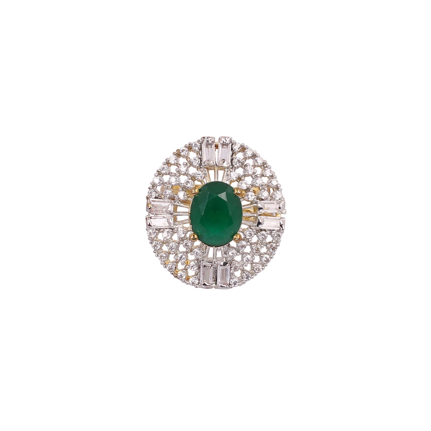 CKLAKART's Silver-Toned Big Ring with Oval Emerald Green and Surrounding White Stones