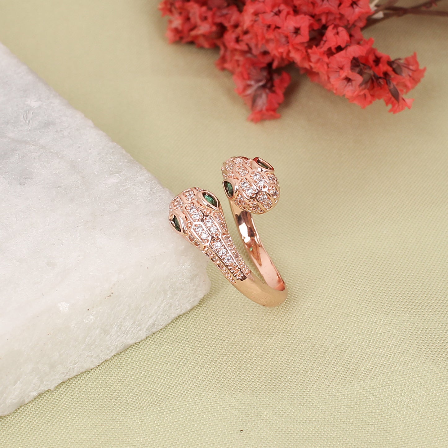 CKLAKART's Serpent's Charm Adjustable Rose Gold Ring with Green Stones and Zirconia