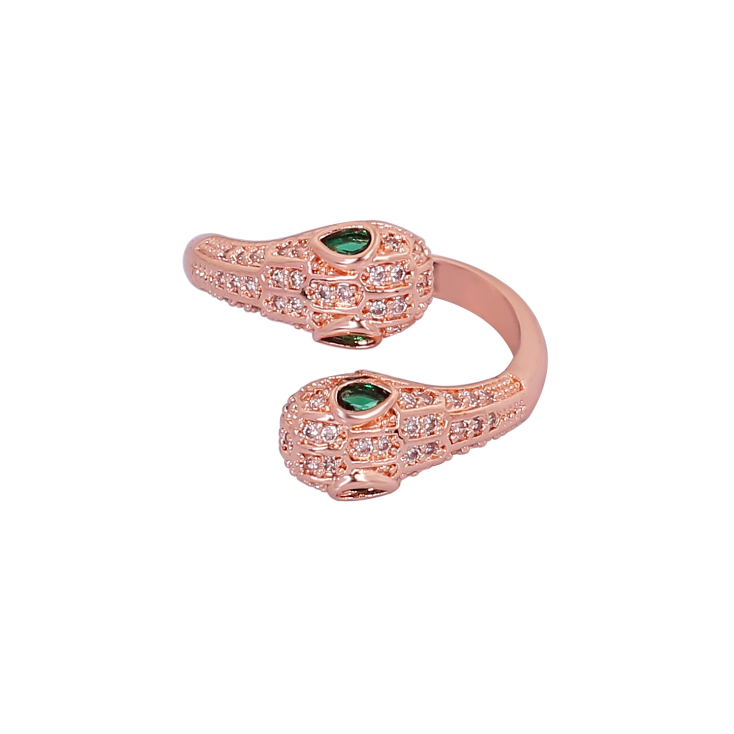 CKLAKART's Serpent's Charm Adjustable Rose Gold Ring with Green Stones and Zirconia