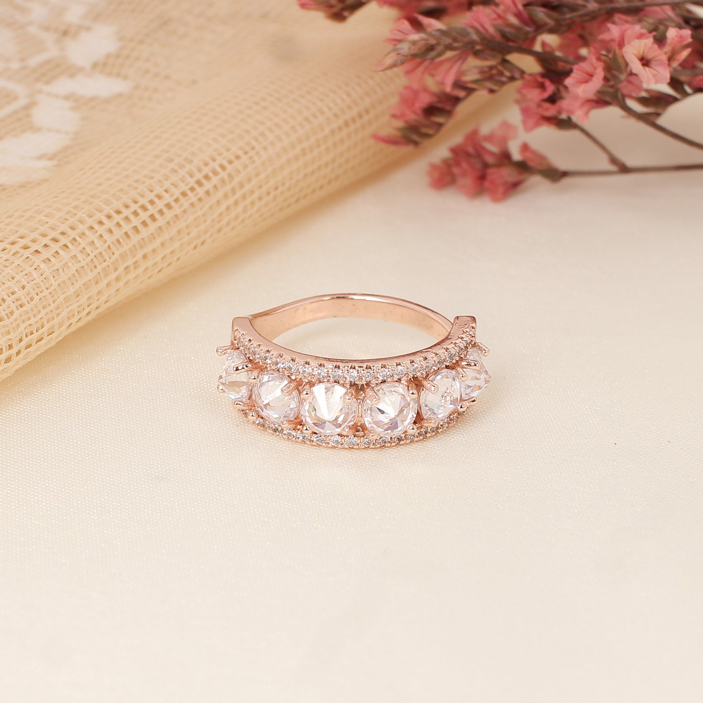CKLAKART's Glowing Harmony Rose Gold Ring with Band-Shaped White Stones