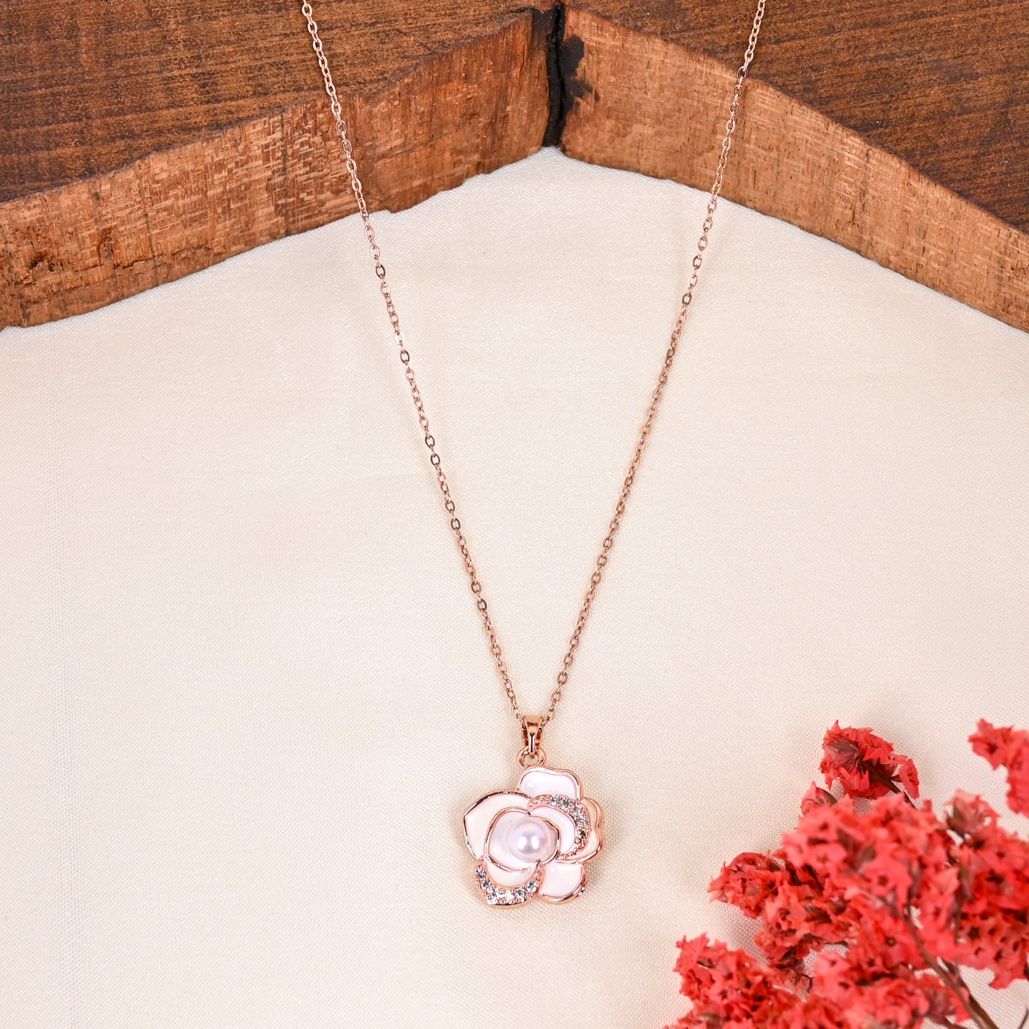 CKLAKART's Rose Gold Tone Blooming Flower Necklace with Pearl and AD Accent