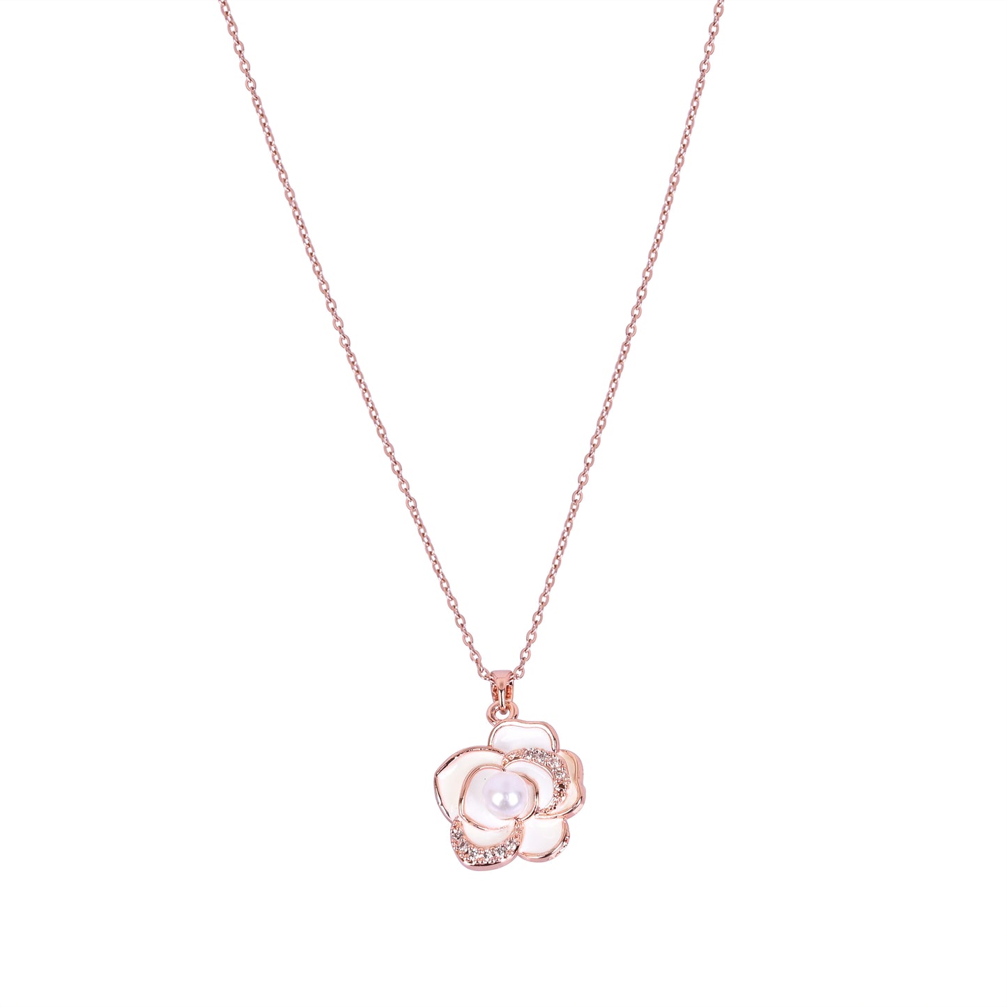 CKLAKART's Rose Gold Tone Blooming Flower Necklace with Pearl and AD Accent