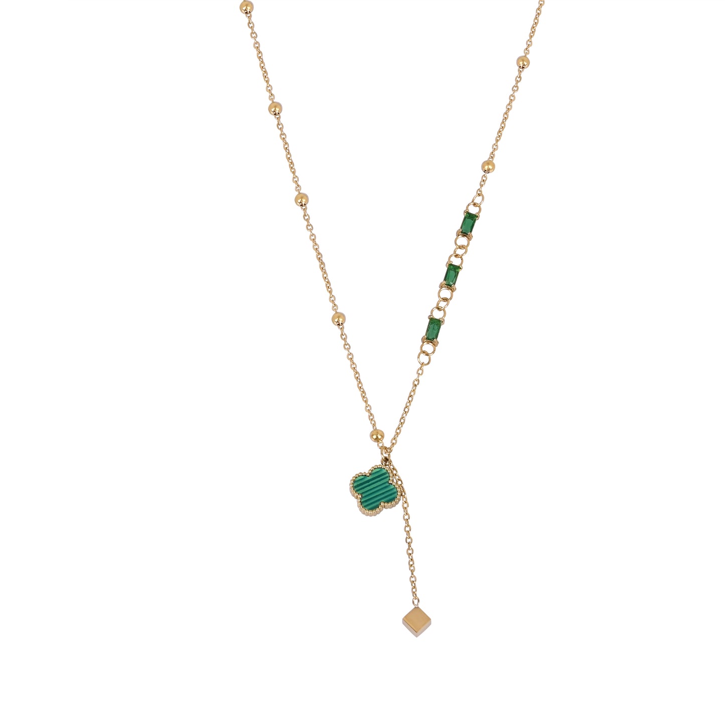 CKLAKART's Gold Toned Beaded Chain Neckpiece with Geometric Patterns With Green Stones
