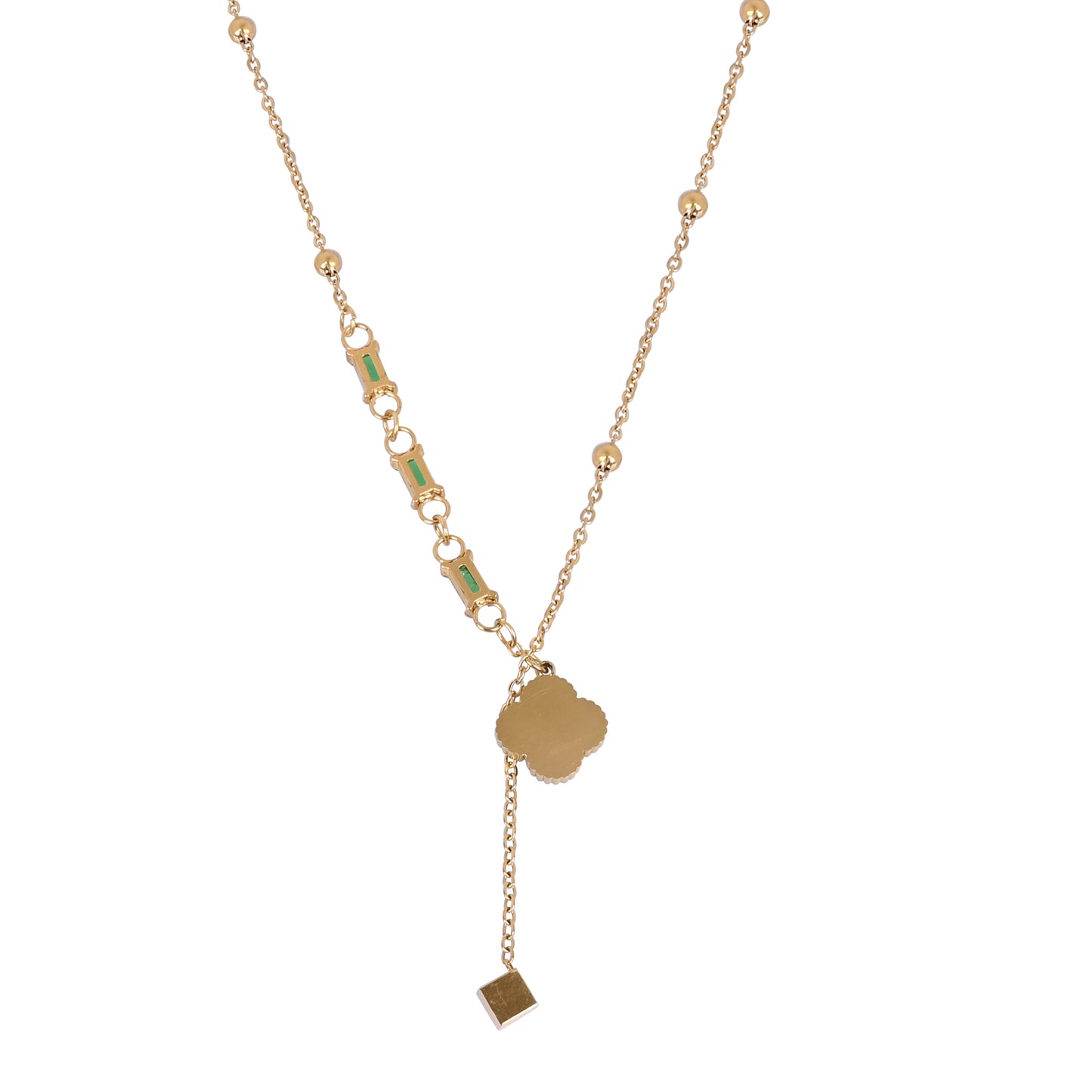 CKLAKART's Gold Toned Beaded Chain Neckpiece with Geometric Patterns With Green Stones