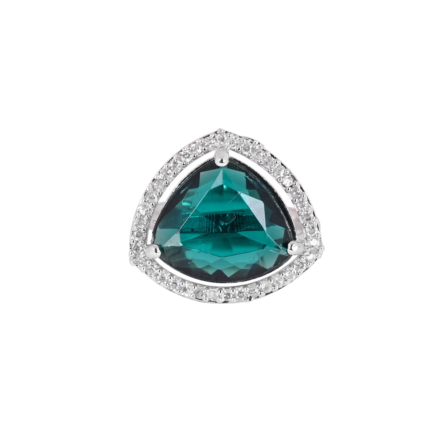 CKLAKART's NOOR Silver-Toned Ring Adorned with Triangle-Shaped Emerald Green Stone and American Diamonds