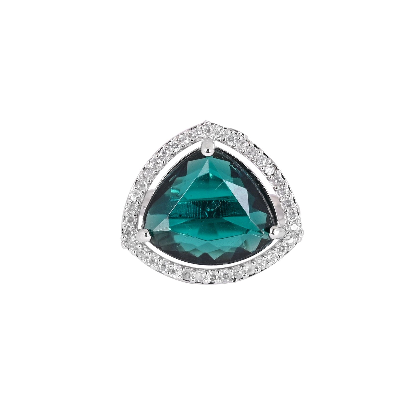 CKLAKART's NOOR Silver-Toned Ring Adorned with Triangle-Shaped Emerald Green Stone and American Diamonds