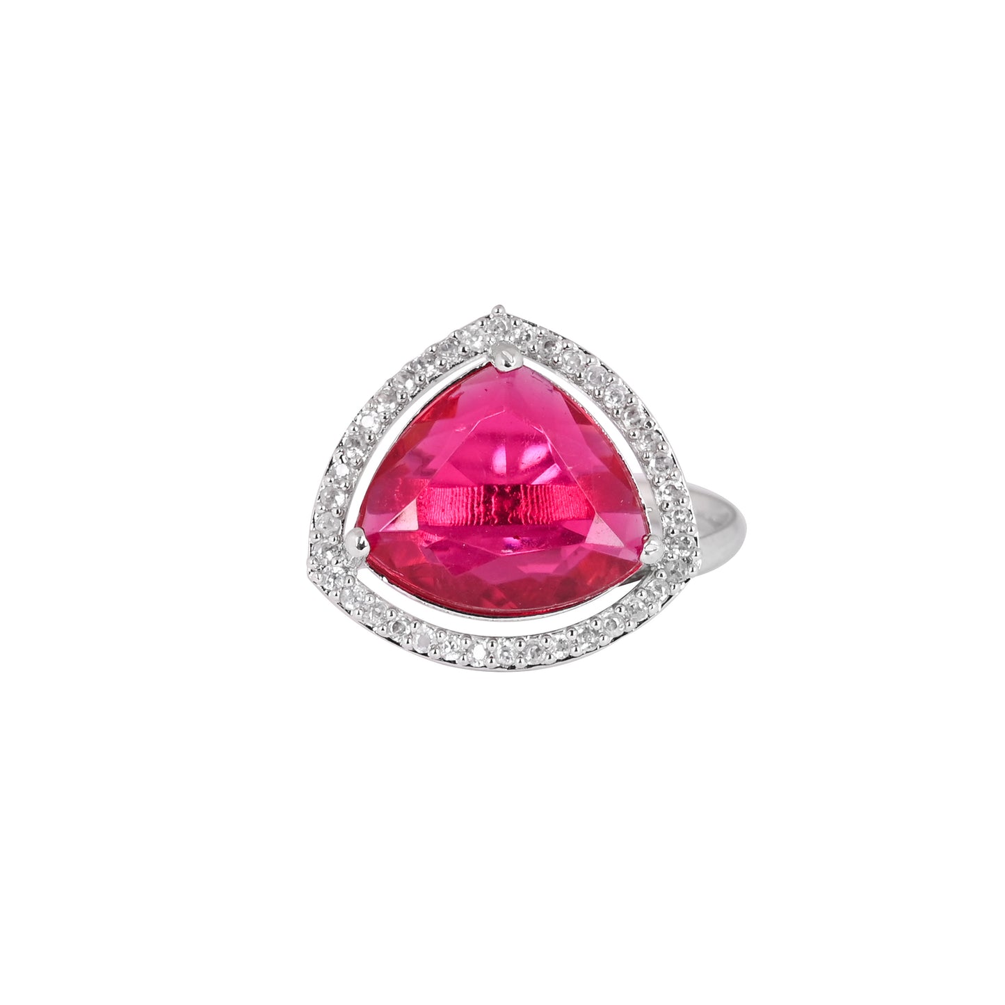 CKLAKART's NOOR Silver-Toned Ring Adorned with Triangle-Shaped Ruby color Stone and American Diamonds