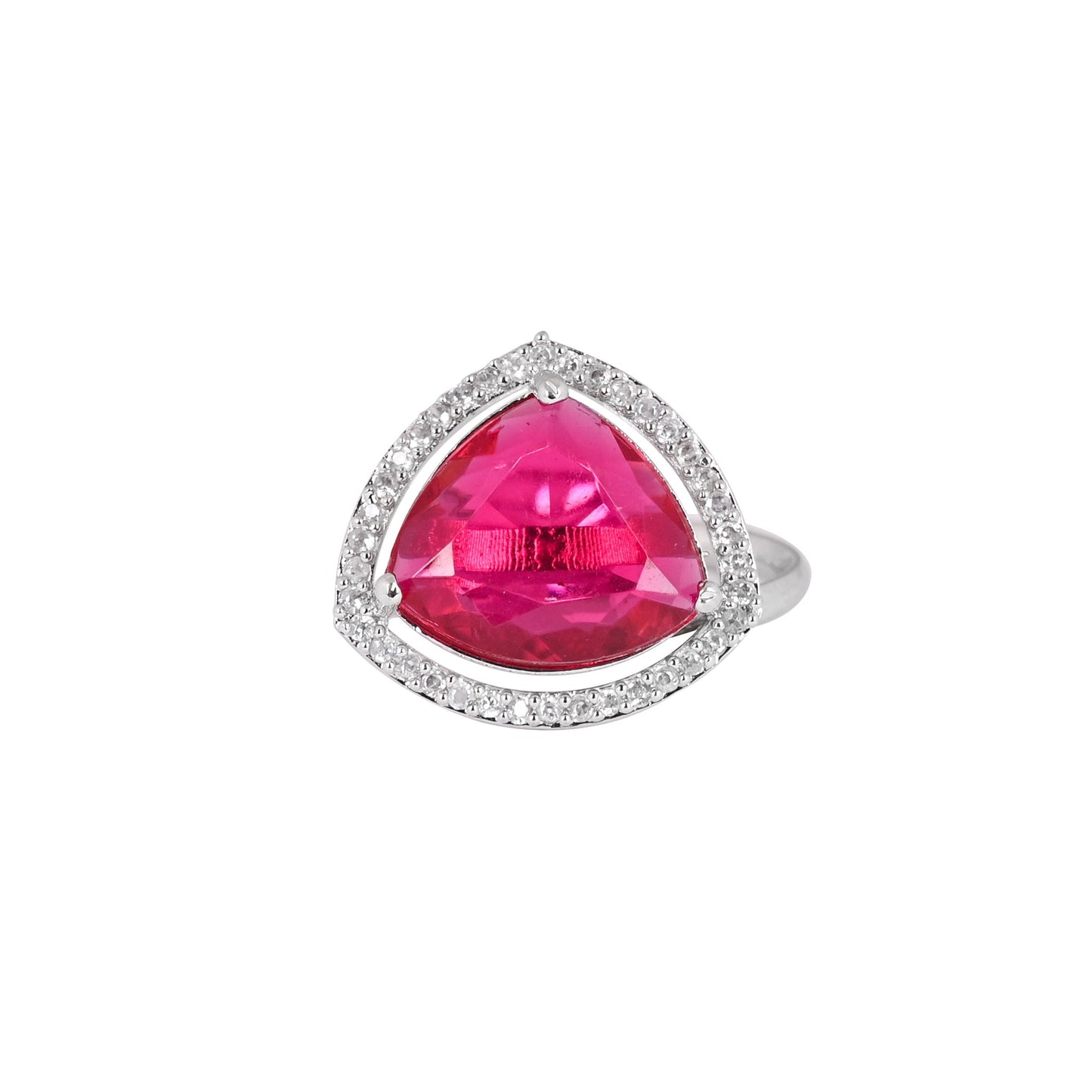 CKLAKART's NOOR Silver-Toned Ring Adorned with Triangle-Shaped Ruby color Stone and American Diamonds