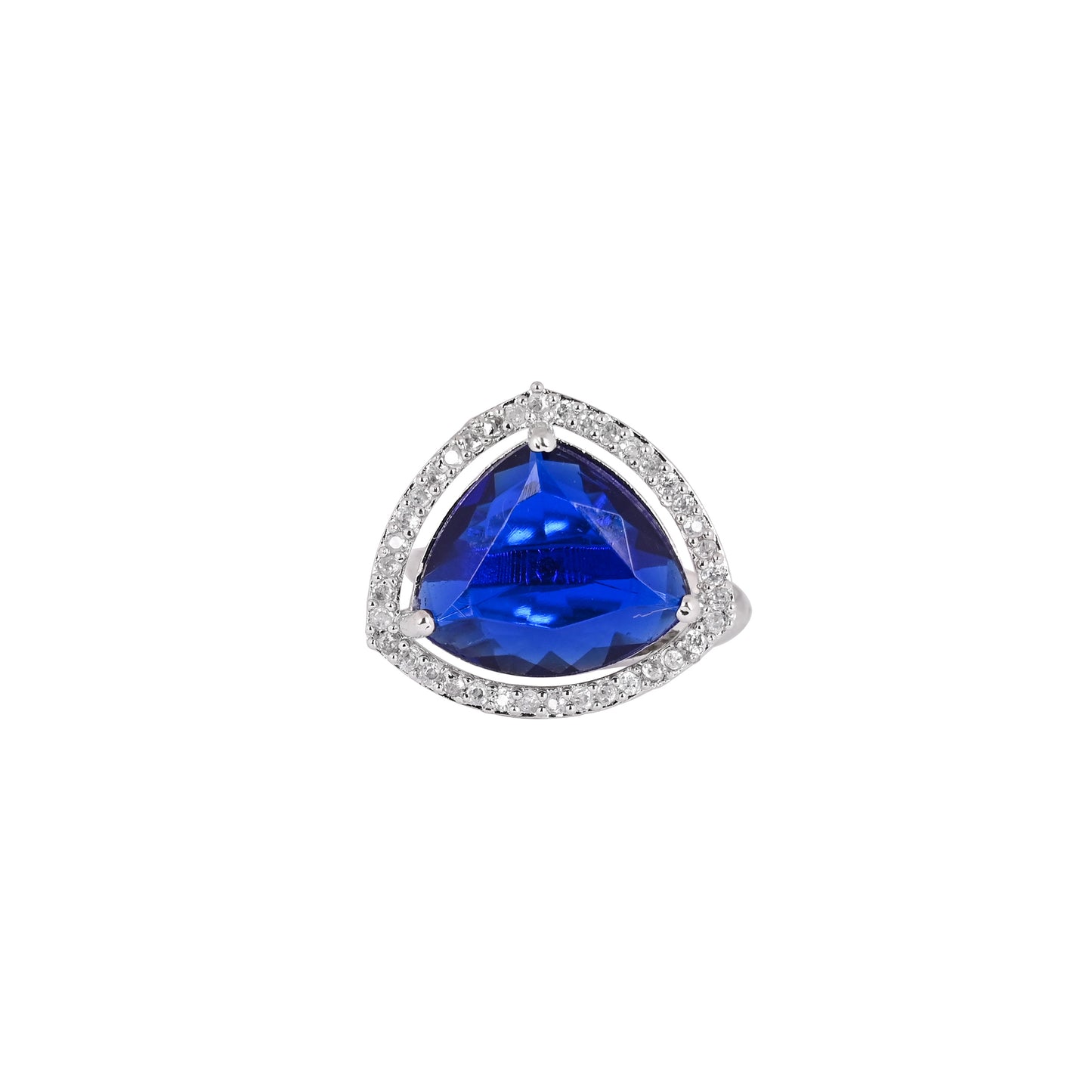 CKLAKART's NOOR Silver-Toned Ring Adorned with Triangle-Shaped Blue Sapphire color Stone and American Diamonds