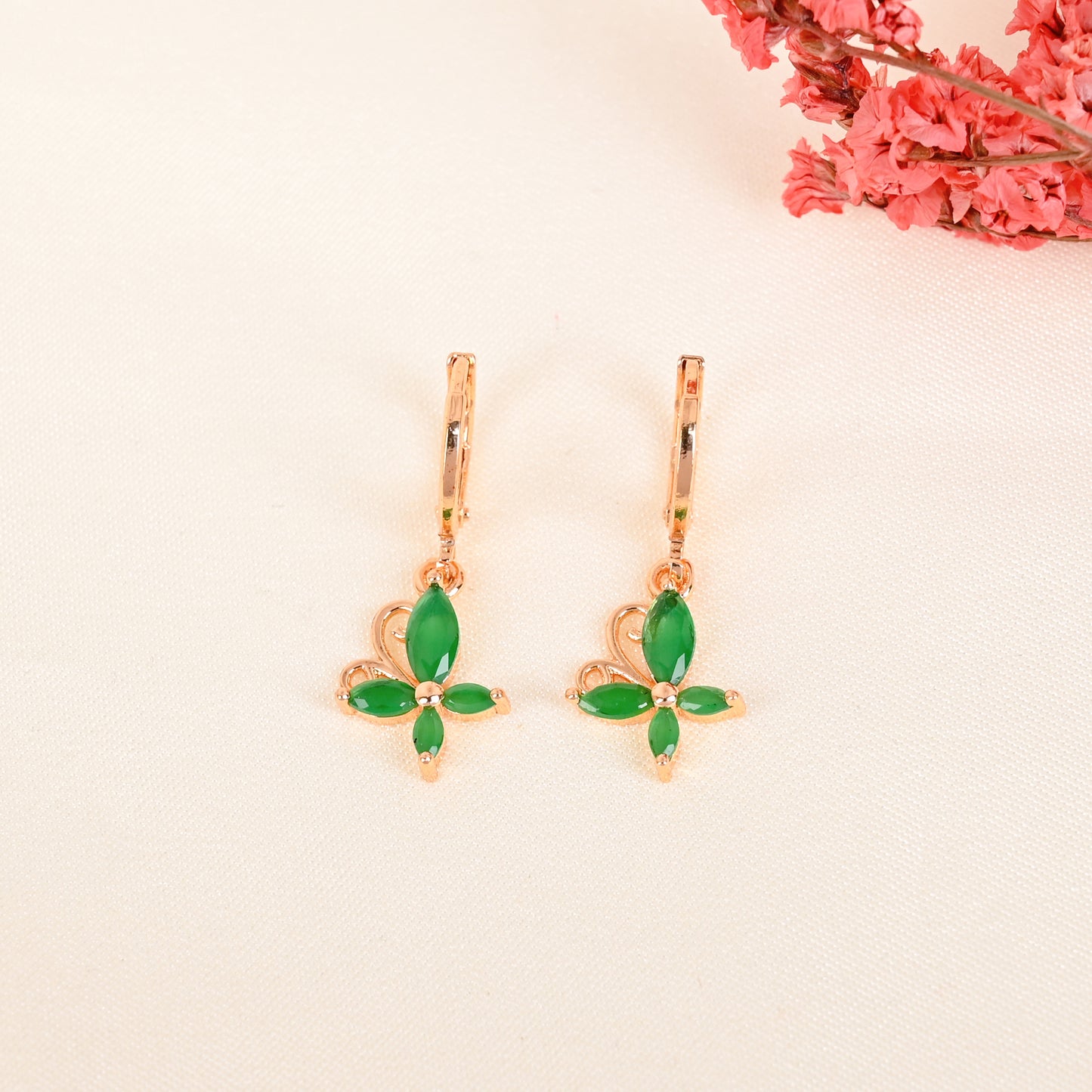 CKLAKART's Small Hoops with Green Stone Butterfly Accents