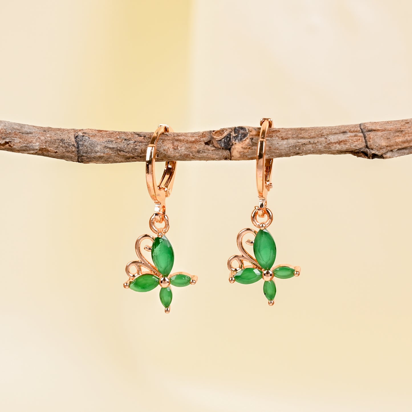 CKLAKART's Small Hoops with Green Stone Butterfly Accents