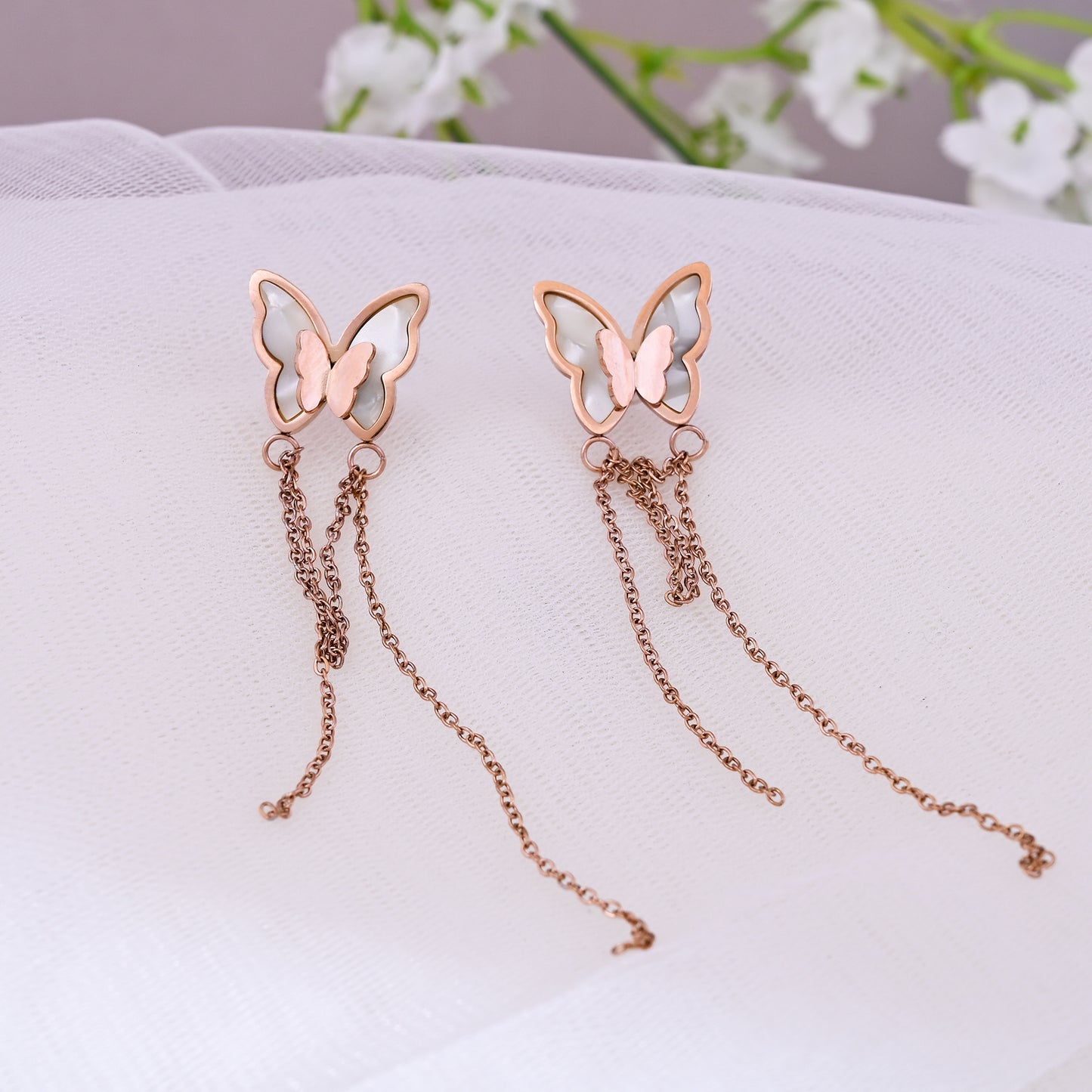 CKLAKART's Rose Gold Toned Butterfly Chain Drop Earrings