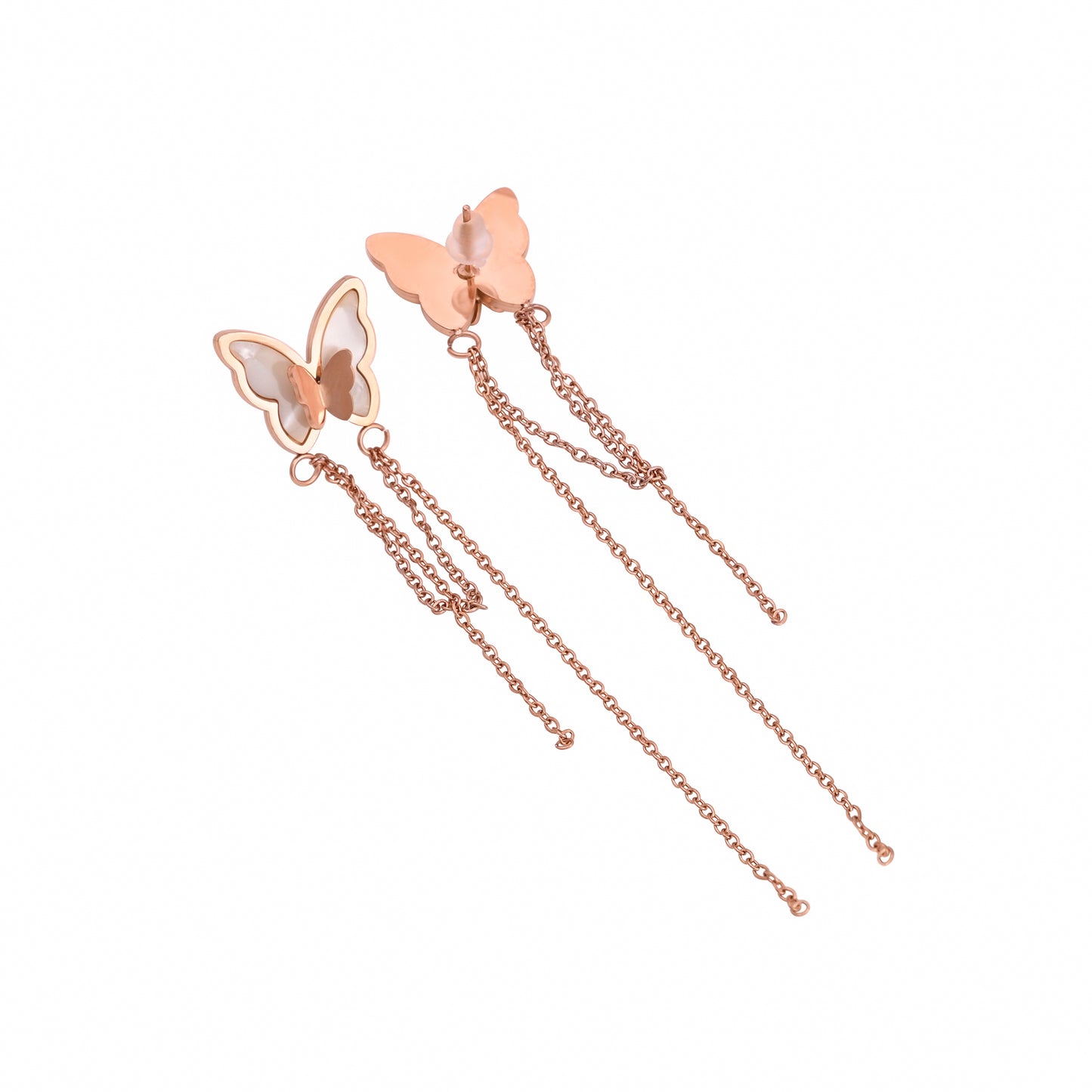 CKLAKART's Rose Gold Toned Butterfly Chain Drop Earrings
