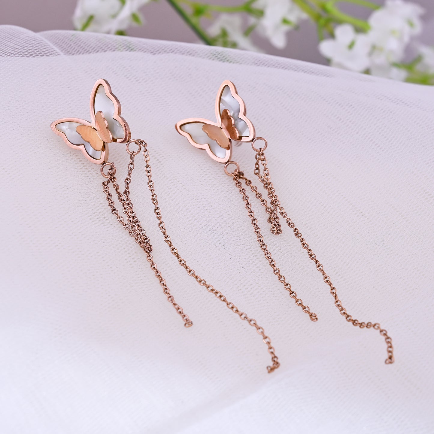 CKLAKART's Rose Gold Toned Butterfly Chain Drop Earrings