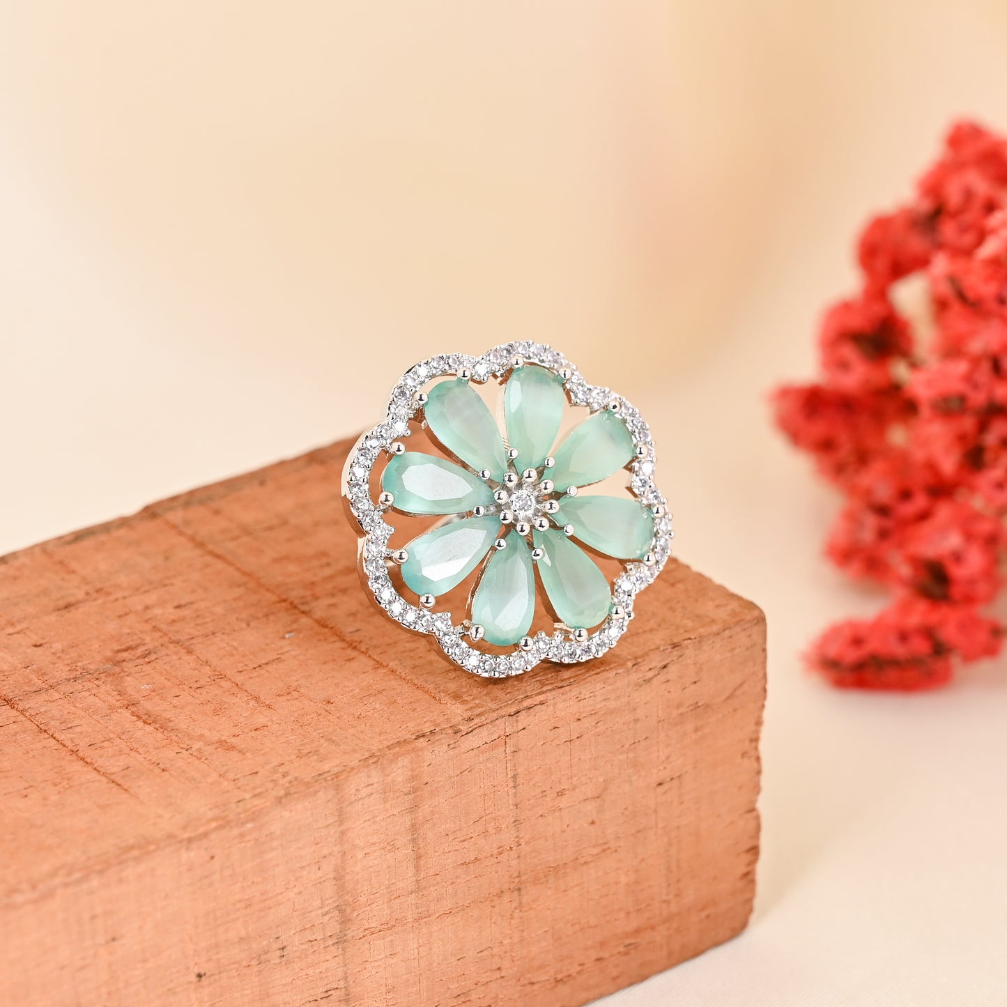 CKLAKART's NOOR Elegant Silver Ring Featuring Blooming Flower Design with Turquoise Green Stone and American Diamonds
