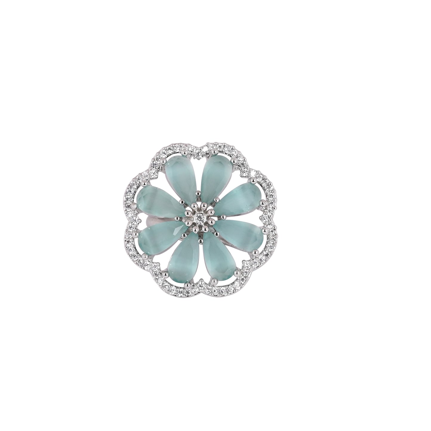 CKLAKART's NOOR Elegant Silver Ring Featuring Blooming Flower Design with Turquoise Green Stone and American Diamonds