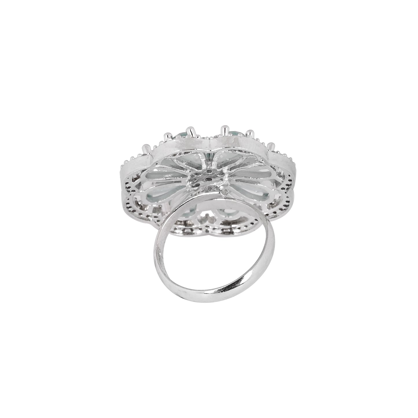 CKLAKART's NOOR Elegant Silver Ring Featuring Blooming Flower Design with Turquoise Green Stone and American Diamonds