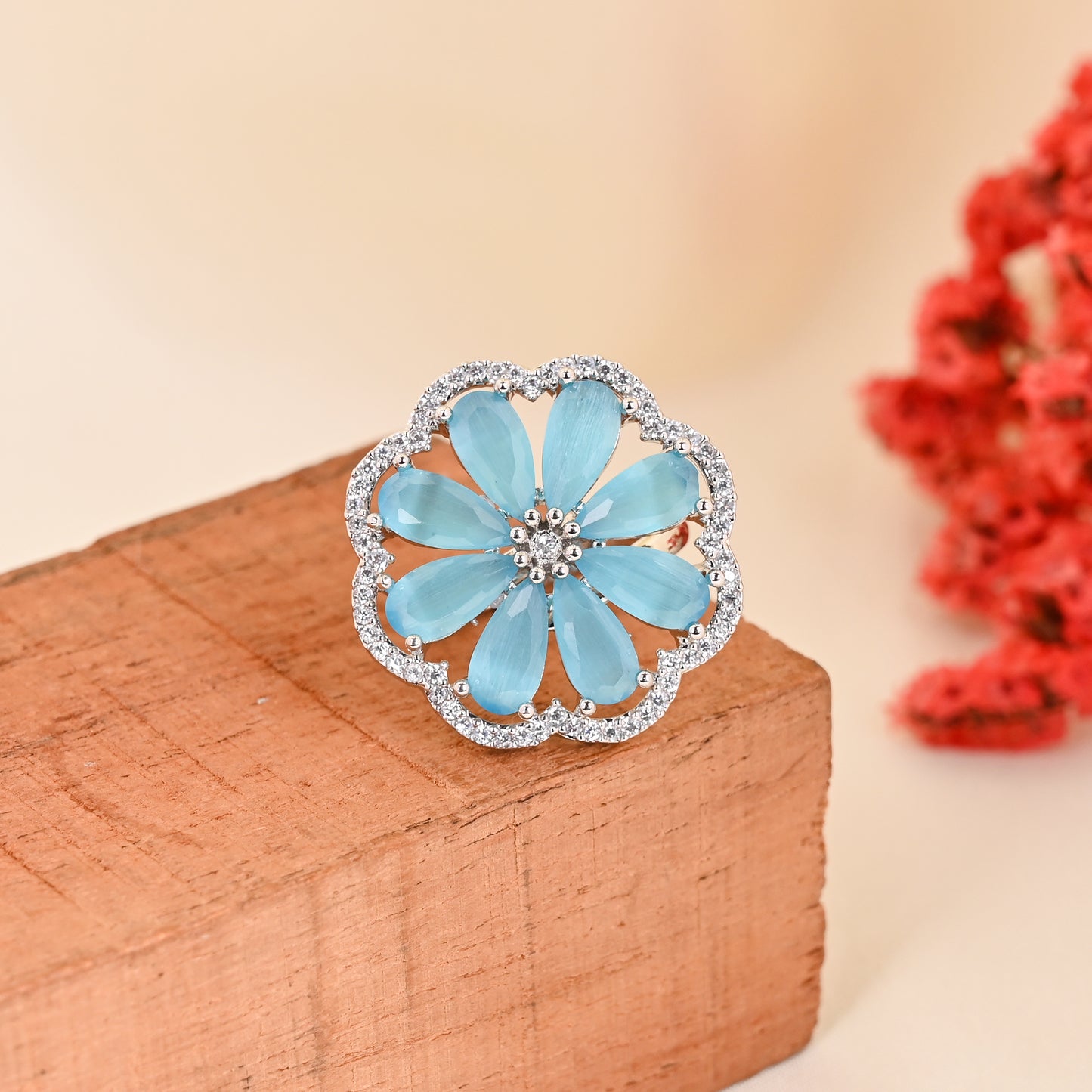 CKLAKART's NOOR Elegant Silver Ring Featuring Blooming Flower Design with Topaz Blue Stone and American Diamonds