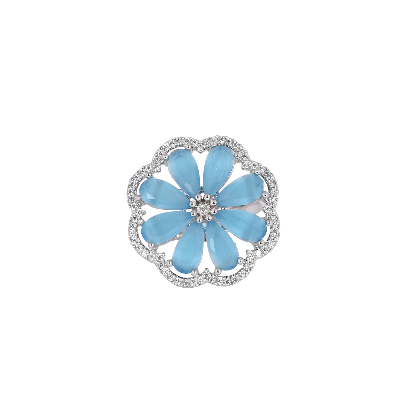 CKLAKART's NOOR Elegant Silver Ring Featuring Blooming Flower Design with Topaz Blue Stone and American Diamonds