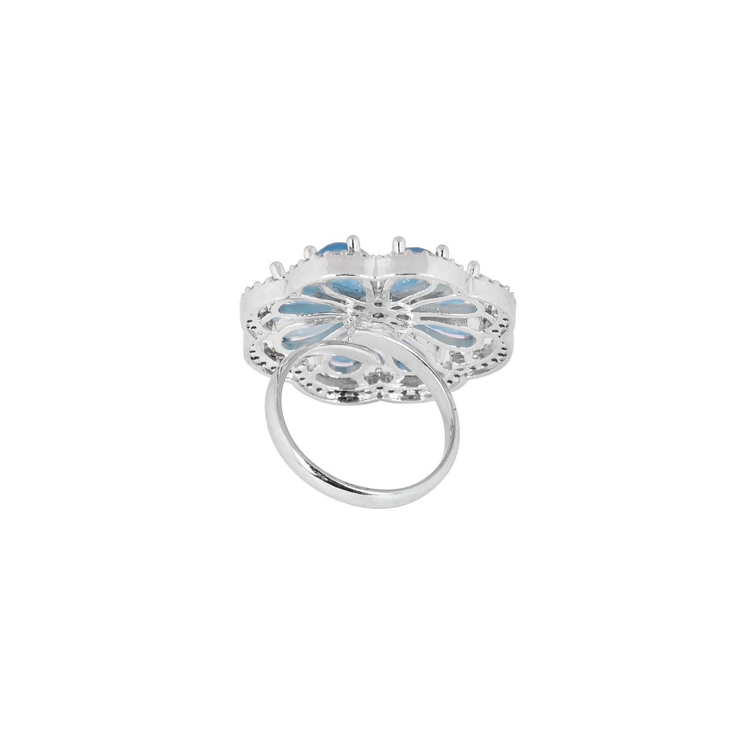 CKLAKART's NOOR Elegant Silver Ring Featuring Blooming Flower Design with Topaz Blue Stone and American Diamonds