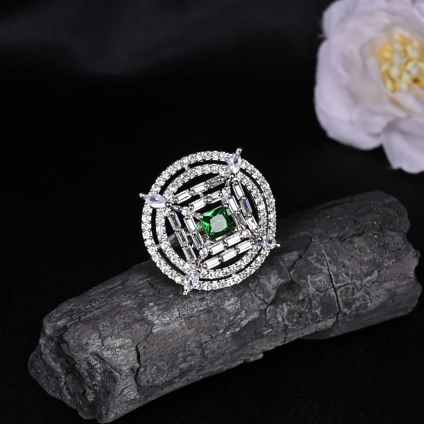 CKLAKART's NOOR Silver-Toned Ring Adorned with Emerald Green Stone and Sparkling American Diamonds