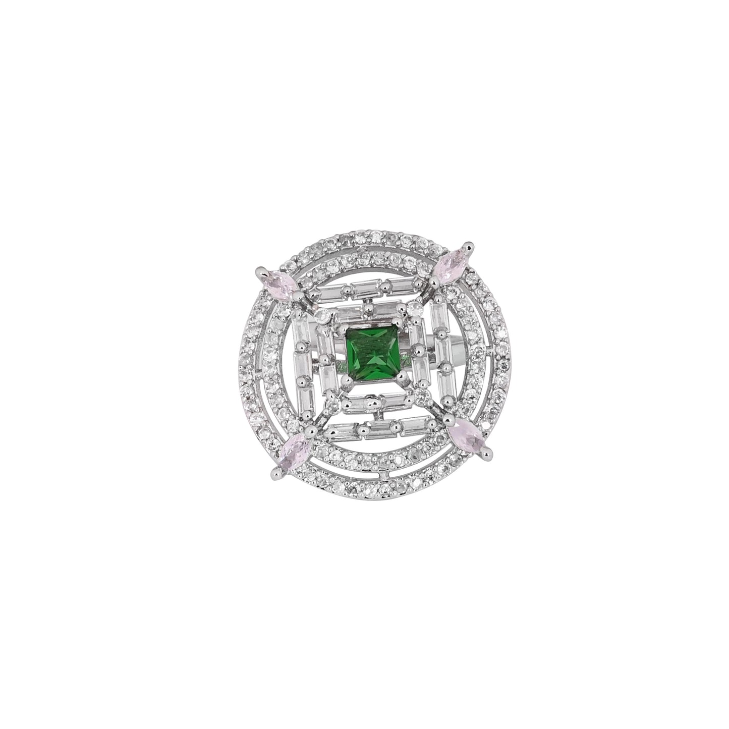 CKLAKART's NOOR Silver-Toned Ring Adorned with Emerald Green Stone and Sparkling American Diamonds