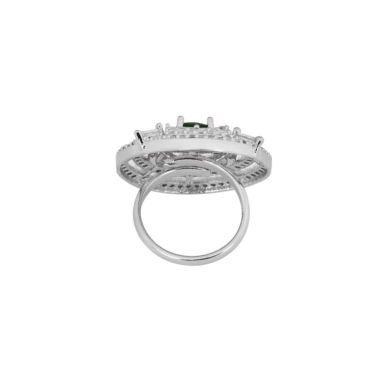 CKLAKART's NOOR Silver-Toned Ring Adorned with Emerald Green Stone and Sparkling American Diamonds
