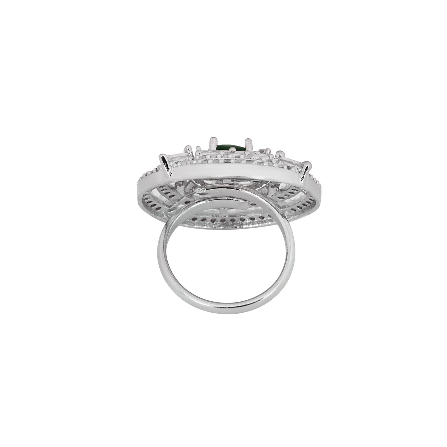 CKLAKART's NOOR Silver-Toned Ring Adorned with Emerald Green Stone and Sparkling American Diamonds