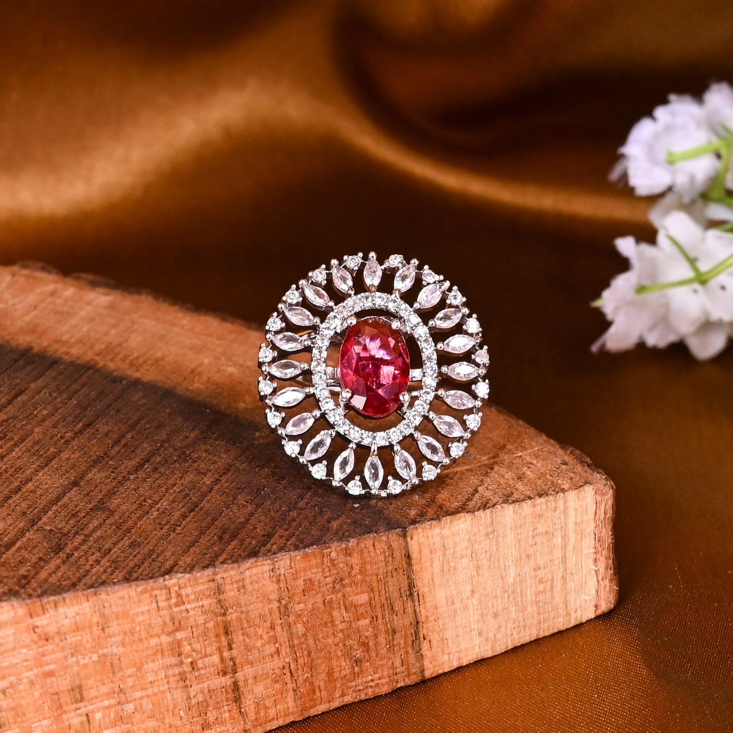 CKLAKART's NOOR Silver Ring Featuring Ruby Color Stone and American Diamond Accents