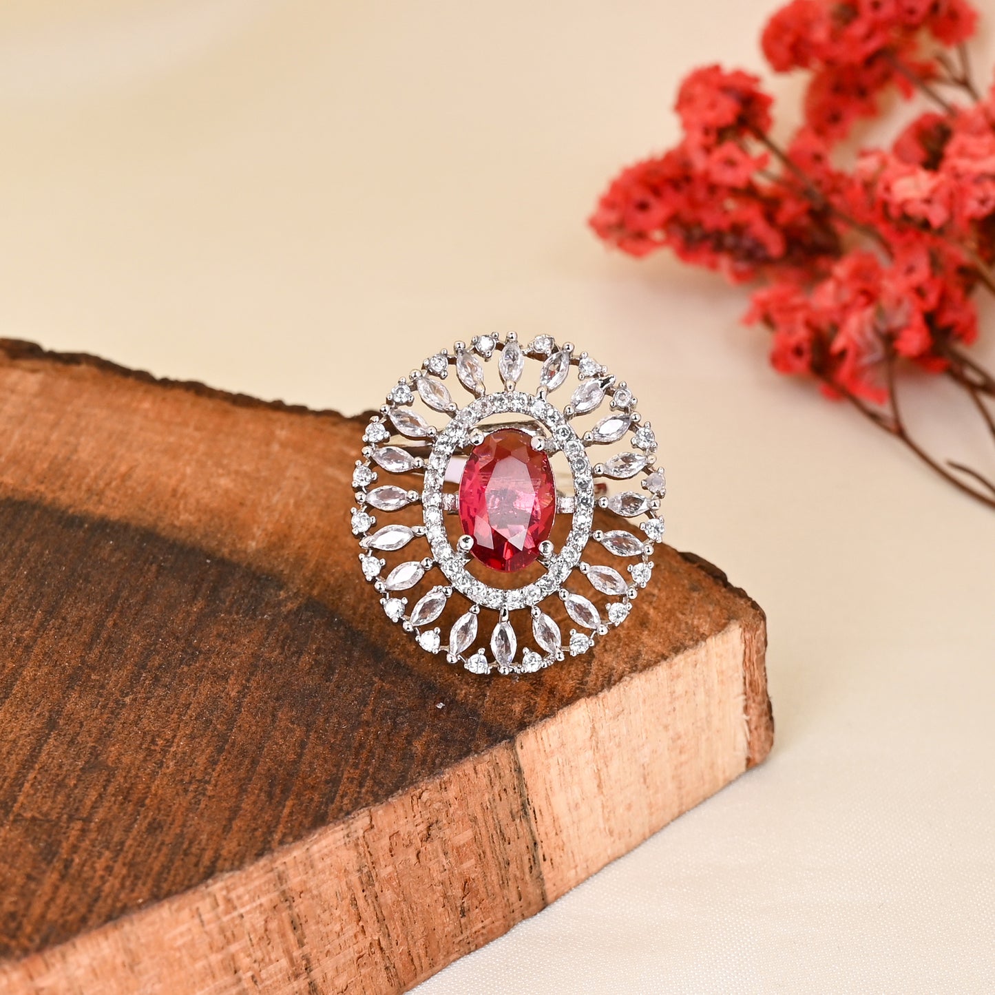 CKLAKART's NOOR Silver Ring Featuring Ruby Color Stone and American Diamond Accents