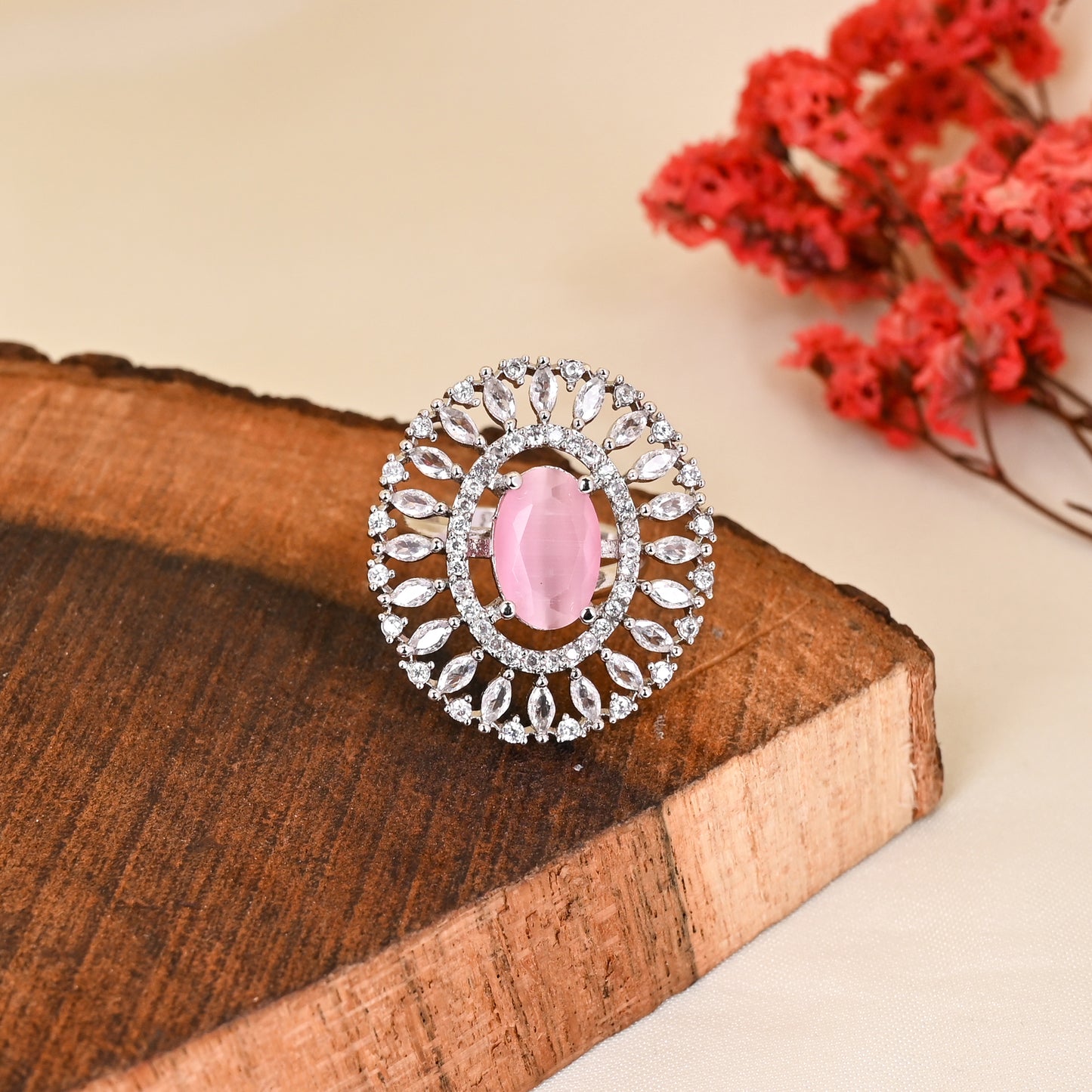 CKLAKART's NOOR Silver Ring Featuring Pink Color Stone and American Diamond Accents