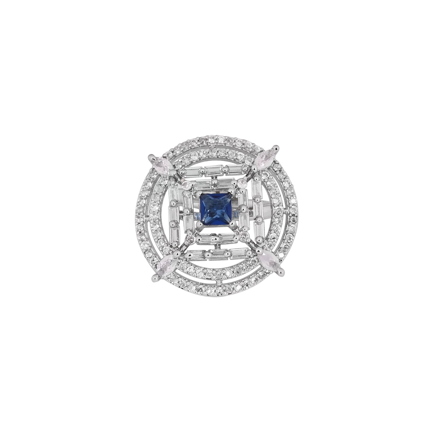 CKLAKART's NOOR Silver-Toned Ring Adorned with Blue Sapphire Stone and Sparkling American Diamonds