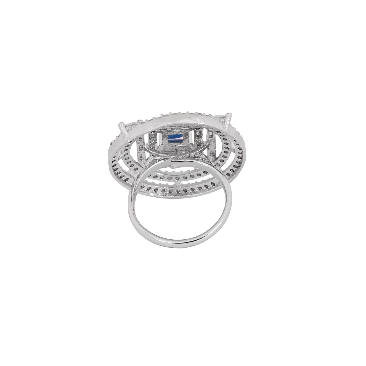 CKLAKART's NOOR Silver-Toned Ring Adorned with Blue Sapphire Stone and Sparkling American Diamonds